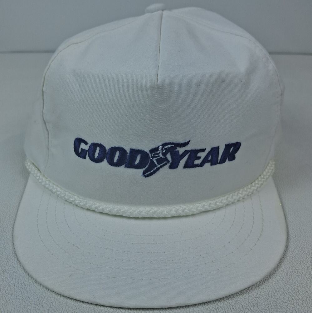 Vtg 80s 90s Goodyear Tire Rope Trucker Snapback Hat Cap White Blue